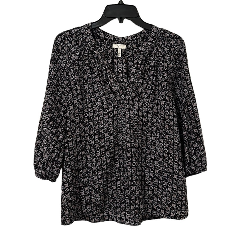 Joie Women’s Navy/Gray Geo Diamond‎ Print Addie B Silk V-Neck Top Size XS